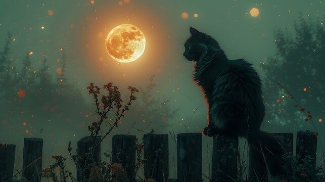 Visualize a mystic scene with a black cat silhouetted against a glowing full moon, perched atop an old wooden fence.