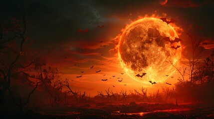 Visualize a suspenseful Halloween night with a bright full moon encircled by flying bats.