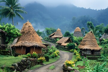 Huts in a village with a dirt road - obrazy, fototapety, plakaty
