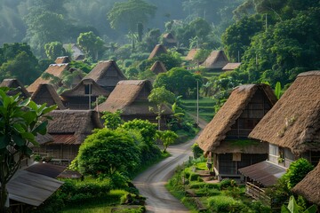 Thatched houses along rural village road