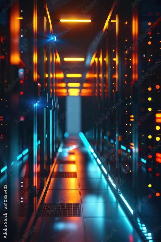Poster A long hallway in a data center with bright lights. Suitable for technology and network security concepts