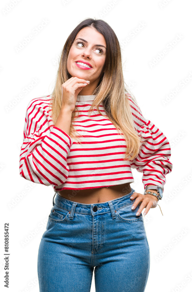 Sticker young beautiful woman casual stripes winter sweater over isolated background with hand on chin think