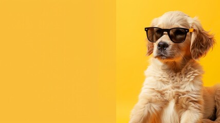 An adorable golden retriever puppy, wearing cute sunglasses, sits on the right side of a sunny yellow background, leaving space on the left for text, perfect for pet care advertisements. 