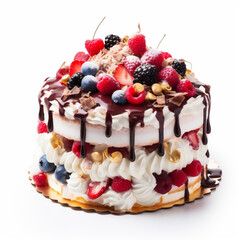 Colorful Birthday Cake with Berry Decorations isolated on White Background.