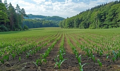 Young corn field with forest in the background. Strasslach, Germany