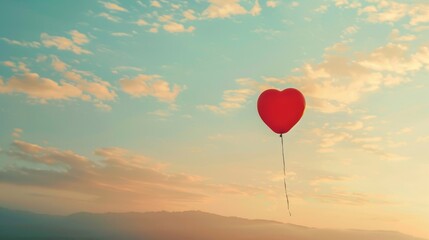 Fototapeta premium A red hot air balloon is floating in the sky above a field of grass