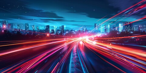Obraz premium A bustling urban street illuminated by moving lights.