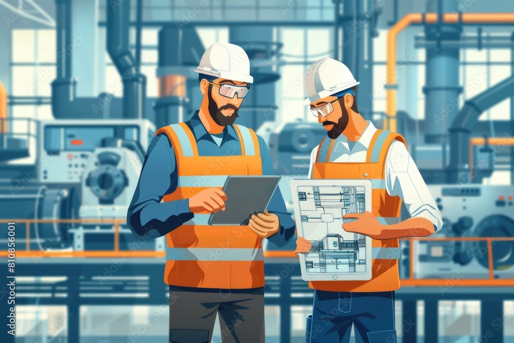 Poster two men in safety vests looking at a tablet. suitable for construction or technology concepts
