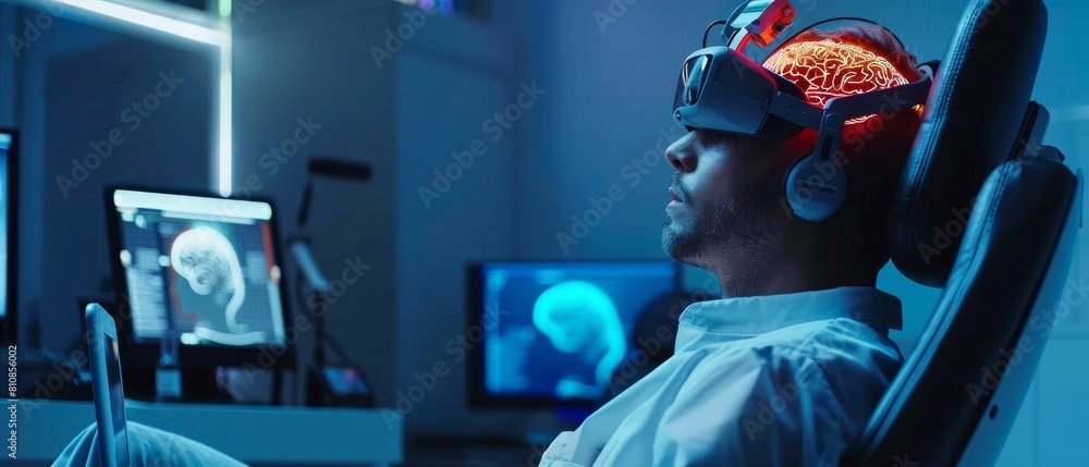 Poster modern brain study laboratory monitors show eeg readings and brain models. a man wearing a brainwave