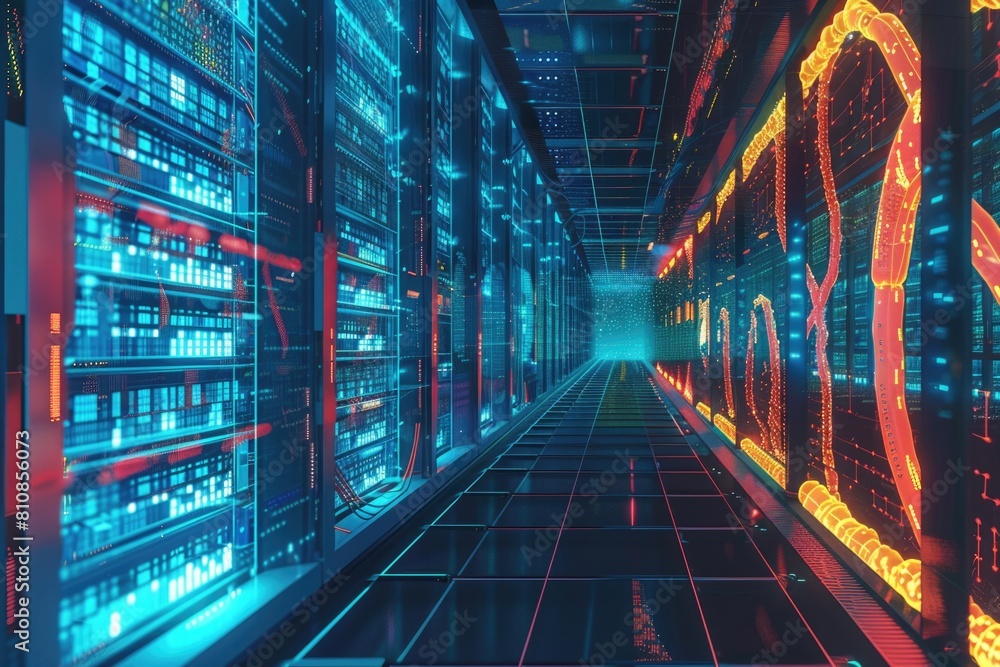Poster rows of servers in a long hallway, suitable for technology concepts