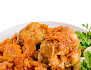 Hearty chicken stew in white bowl