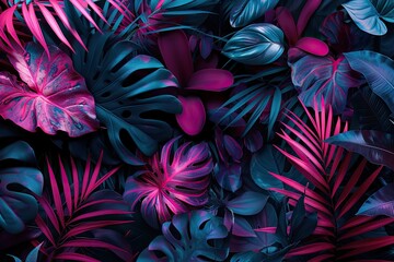 Violet tropical leaves glowing in the dark, creating a stunning pattern