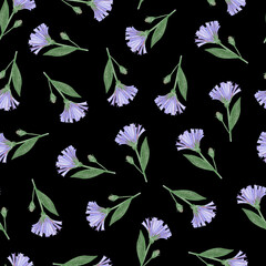 Simple Cornflower Floral Seamless Pattern on a Black Background. Hand Drawn Simple Cornflower Digital Paper. Wild Meadow Flowers Drawn by Colored Pencils.