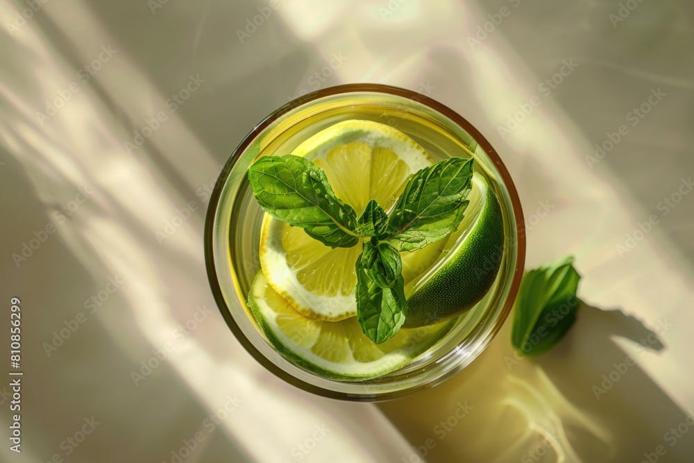 Poster a glass of lemonade with a slice of lime. perfect for summer drink concepts