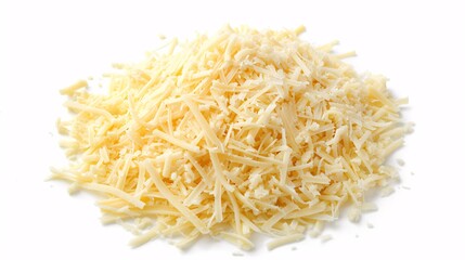 Fototapeta premium Heap of delicious shredded cheese on a white surface from above.
