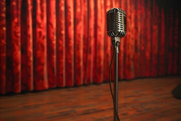 A close up of a microphone on a stand in front of a red curtain