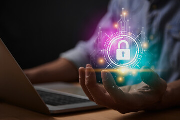Magenta Turquoise Cybersecurity or Internet Network Security Systems Technology and Encryption Data Protection Concepts. Cybersecurity Lock in HUD and Circuit and Laptop Computer