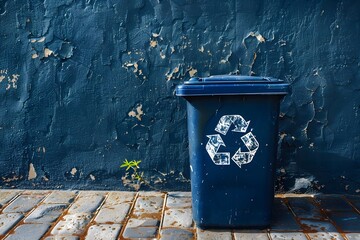 Blue trash can featuring a recycle logo