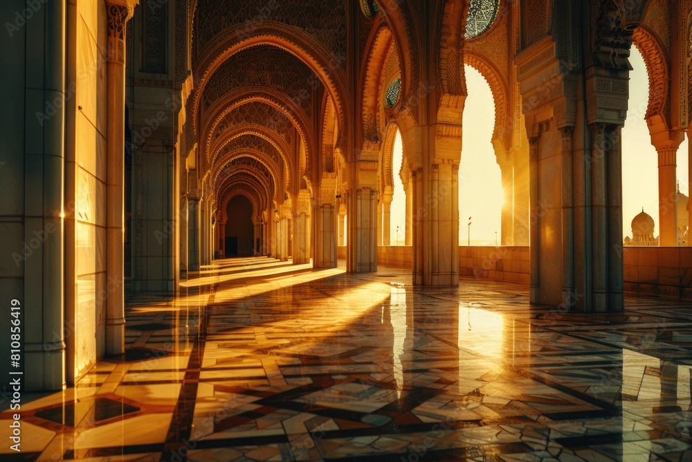Poster sunlight shining through architectural arches, suitable for architectural and interior design projec