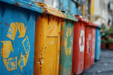 Many trash cans lined up on the street - obrazy, fototapety, plakaty
