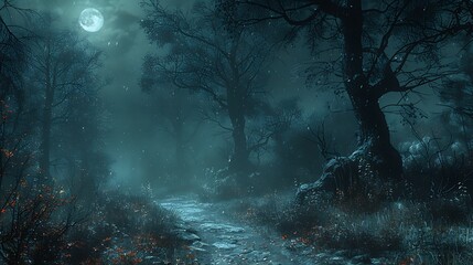 Walk down a spooky forest path under a moonlit sky, with gnarled trees casting ghostly shadows.