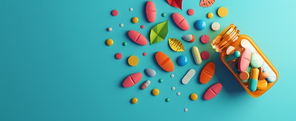 Energetic Supplement Pills and Colorful Leaves Display