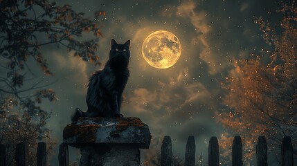 Witness a charming nocturnal tableau featuring a black cat with piercing eyes, sitting atop a fence with a bright moon rising behind it.