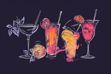 Detailed drawing of various cocktail glasses. Ideal for menu design