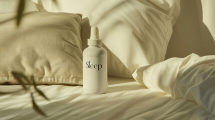 Minimalist Sleep Aid Bottle on a Soft Pillow
