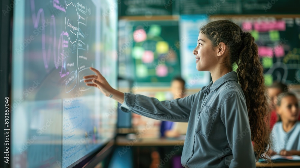 Poster skilled teacher teaching ai to diverse elementary student at digital classroom. smart multicultural 