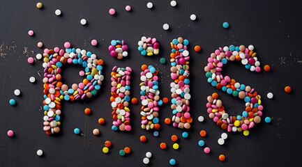 Colorful Medication Pills Forming the Word PILLS
