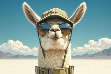 Obraz premium A llama wearing sunglasses and hat, on the Andes desert of bolivia