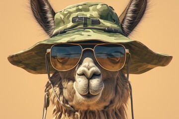 Obraz premium A llama wearing sunglasses and hat, on the Andes desert of bolivia