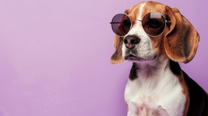 A curious beagle puppy, sporting stylish sunglasses, stands on the right side of a soft lavender background, with ample room on the left for text, ideal for pet grooming services. 