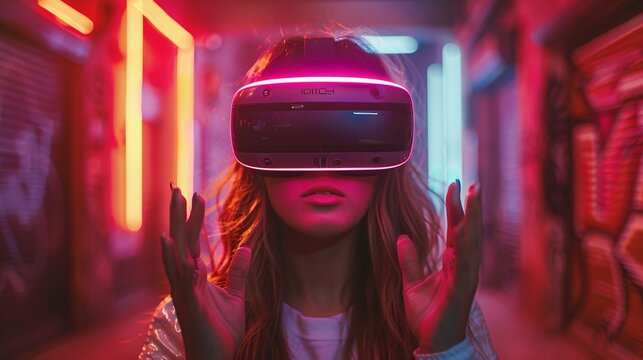 Intelligent woman in neon-lit environment wearing VR device engages with virtual objects in futuristic cyberspace using hand gestures. Illusion.