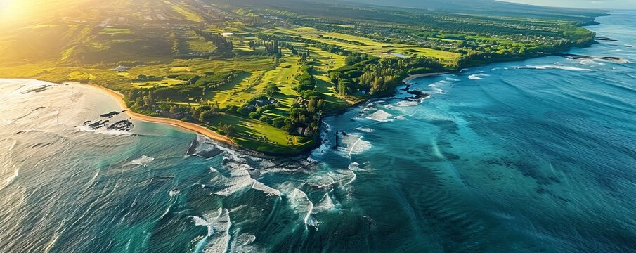 Aerial View of Maha'ulepu Heritage Trail Coastline with Gold Court, Koloa, Kauai, Hawaii, United States.