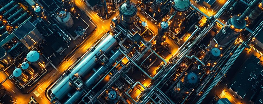 Aerial view of illuminated chemical plant with metallic cylinders and futuristic glow, Leuna, Saxony-Anhalt, Germany.