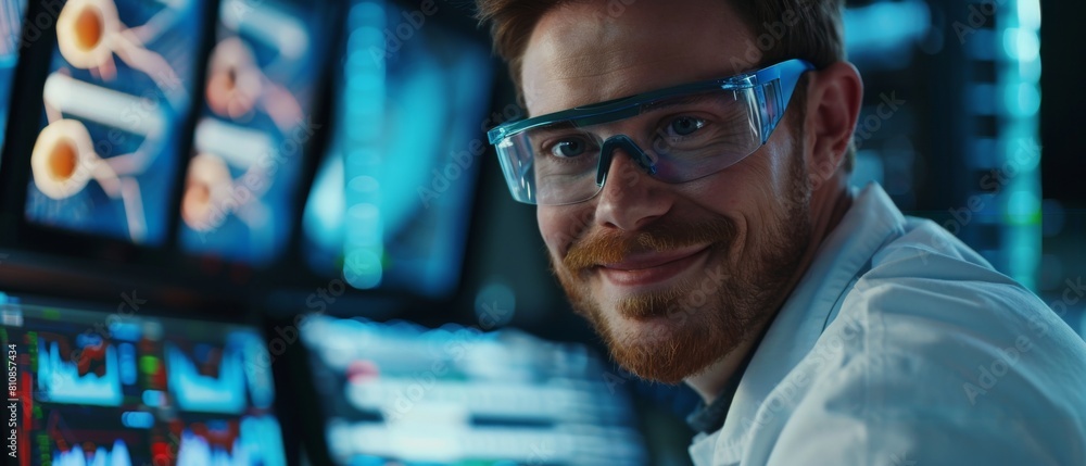Poster this image shows a male scientist holding a transparent display computer with a screen showing seque
