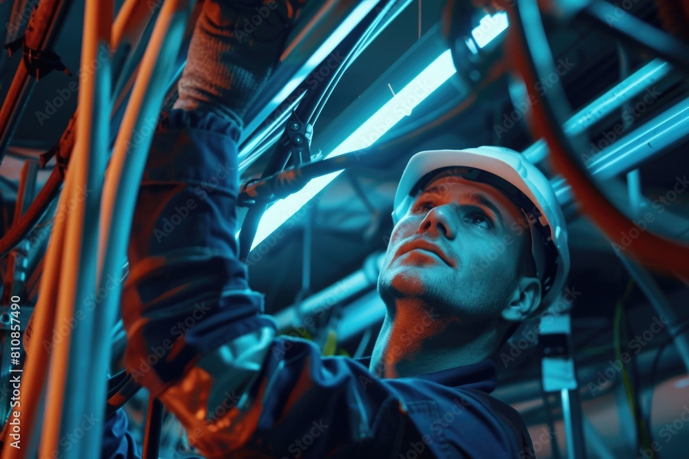 Poster a man in a hard hat working on electrical wires. suitable for construction or electrical work concep