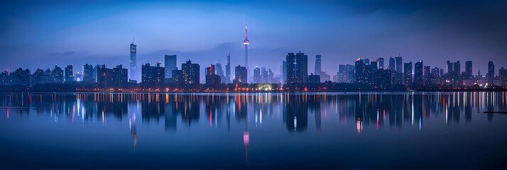 enigmatic urban skylines at dawn reflected in calm blue waters under a clear blue sky