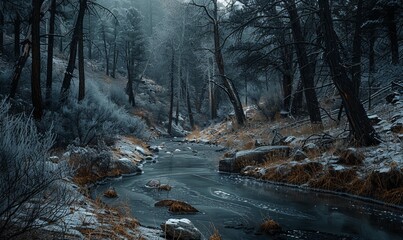 A thin frozen creek winds into a dark forest atop Mount Lemmon, Tucson, Arizona - Powered by Adobe
