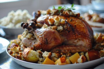 A turkey sitting on a plate on a table. Suitable for Thanksgiving dinner concepts