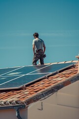 Naklejka premium A man standing on top of a roof next to a solar panel. Ideal for eco-friendly and sustainable energy concepts