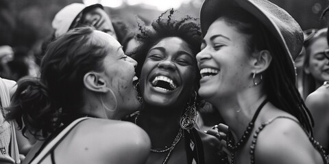 Three female friends embrace, giggle, and revel in the enchantment of a summer music festival, cherishing their bond amidst the vibrant occasion. This image intentionally utilizes 35mm film.