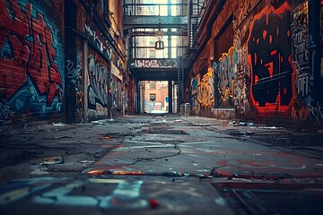 A long alley with graffiti on the walls and a door