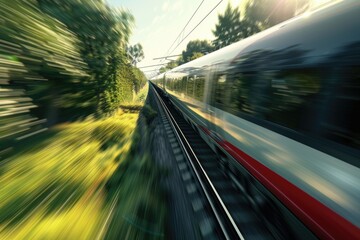 Blurry image of a train moving down the tracks, suitable for transportation concepts