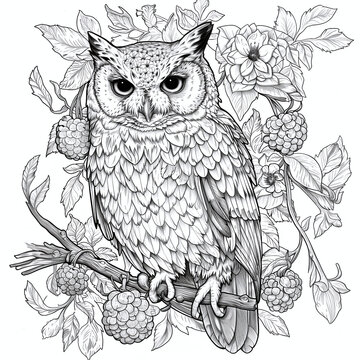 Coloring page birds theme, owl in front of twig with blossoms