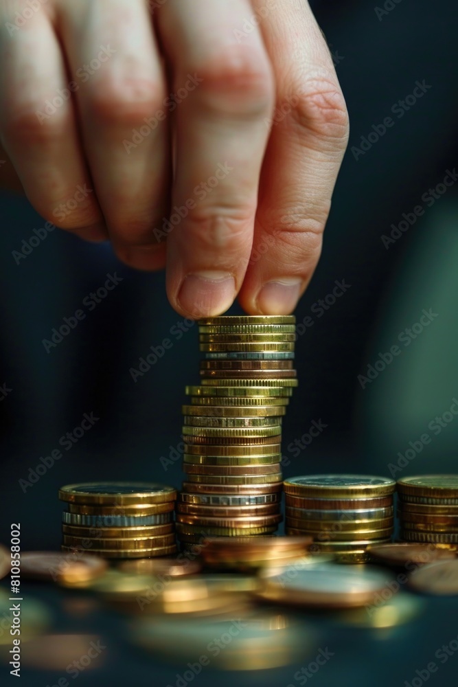 Aufkleber a person placing a coin on top of a pile of coins. suitable for finance and savings concepts