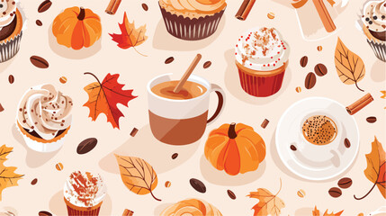 Autumn pastry and drinks flat seamless pattern.