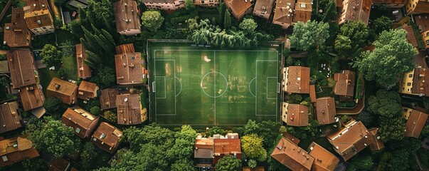 Aerial view of a soccer field among the houses in Orvieto, a small town in Umbria, Terni, Italy.